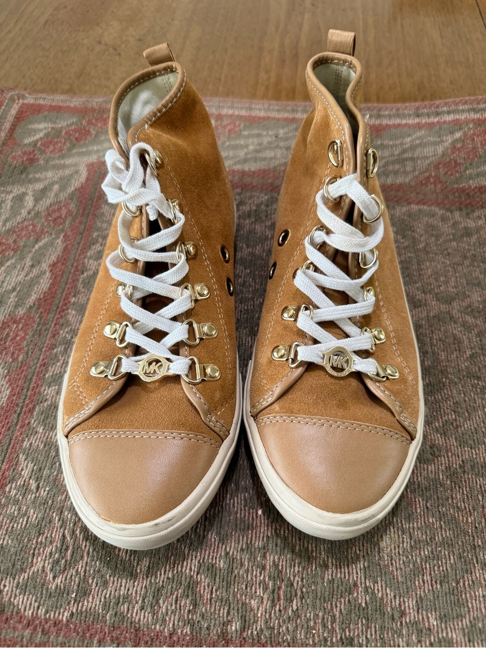 MICHAEL KORS Tan Suede & Leather High-Top Sneakers with Gold Hardware